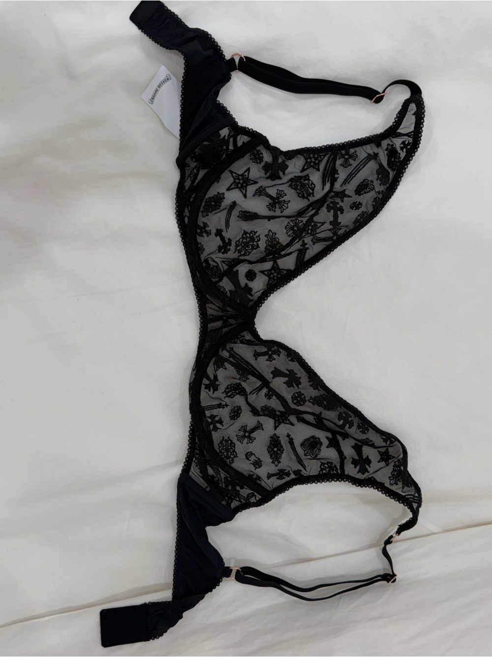 Chrome Hearts Black Sheer Floral Embroidered Bra